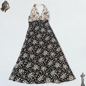 Vintage homemade black and cream 70s maxi halter floral dress